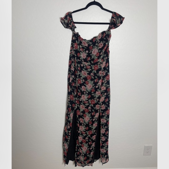 Maxi Floral Slit Puff Off Shoulder Sleeve Cottage Party Classy Elegant Hip Dress - Picture 7 of 7